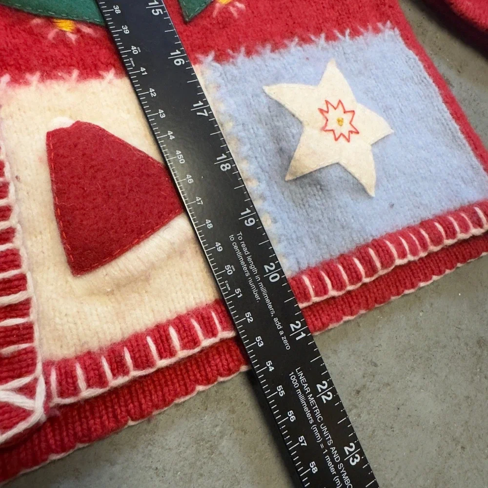 Disney Store Vintage Mickey Mouse Snowman Patchwork Lambswool Cardigan Red Med